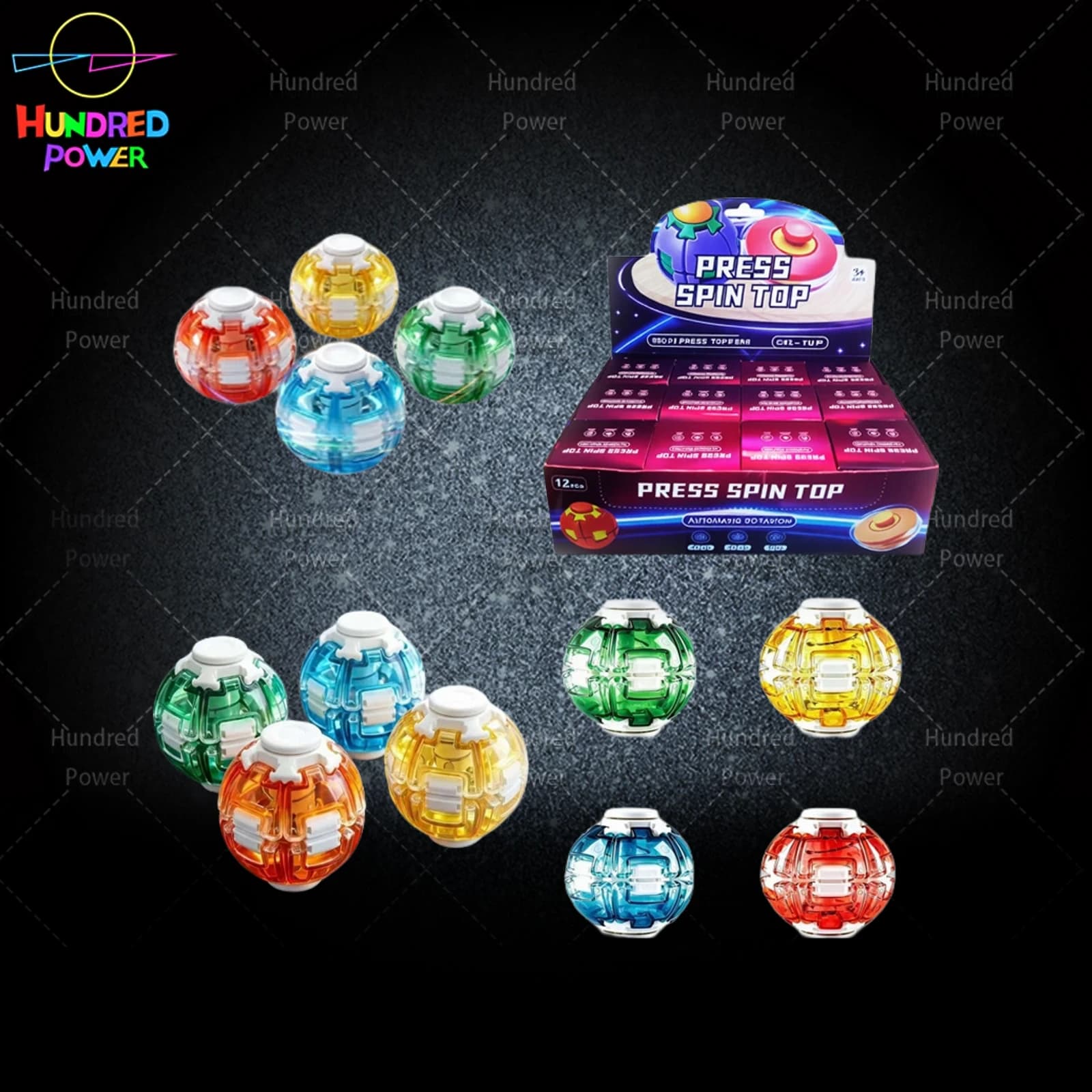Transparent white cap press and spin top in green, yellow, blue, and red