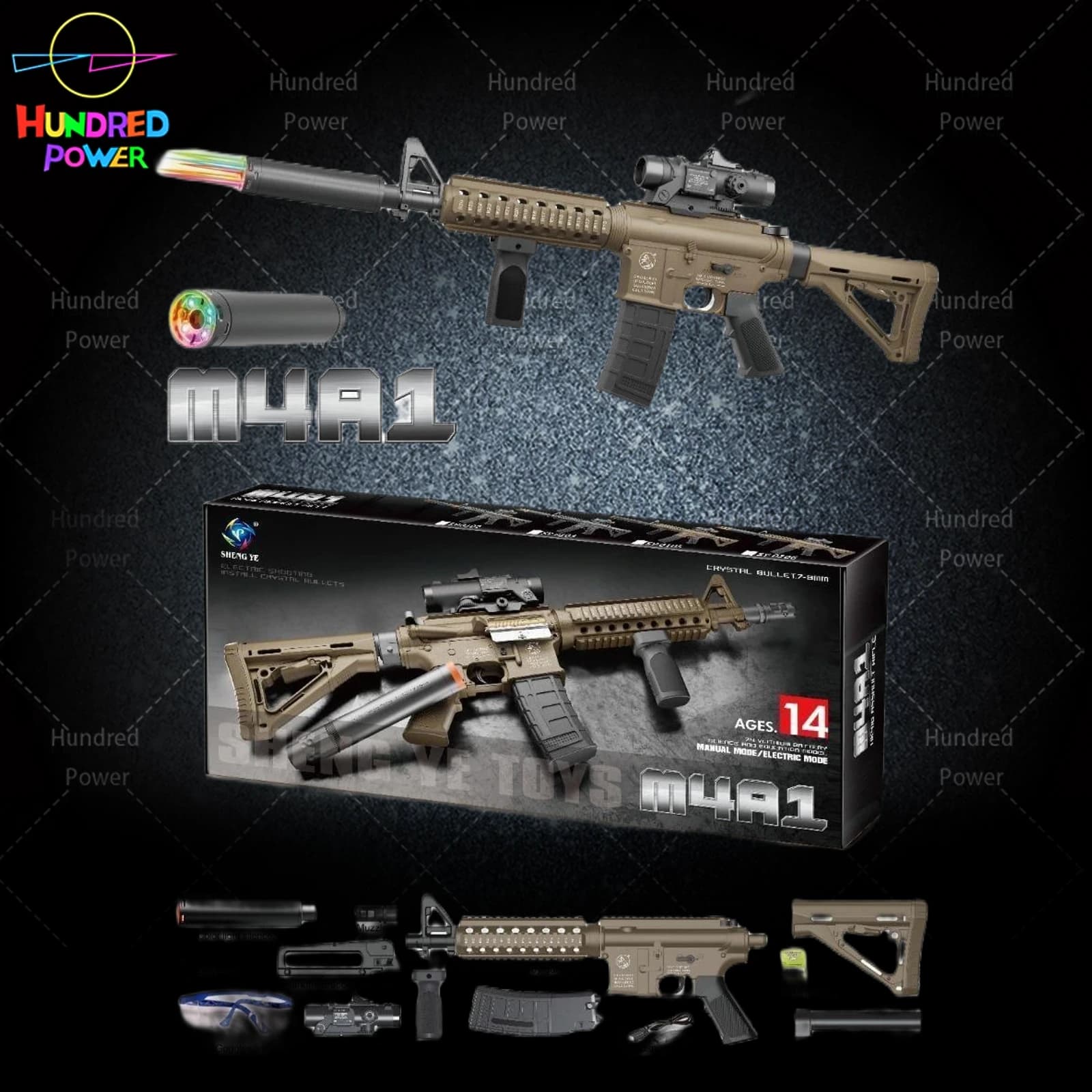 Sand-colored high-speed electric full-auto M4A1 water bullet gun soft bullet gun launcher with rainbow suppressor