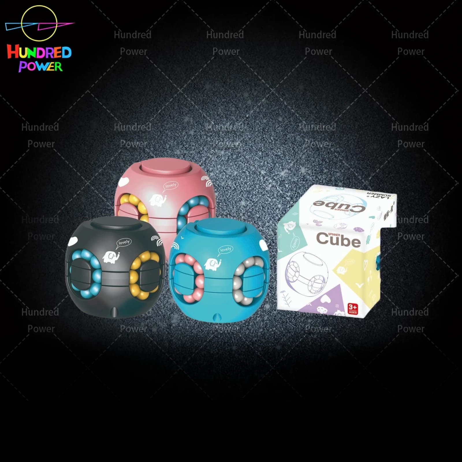 Mini Magic Bean Cube Spinner in pink, light blue, and black