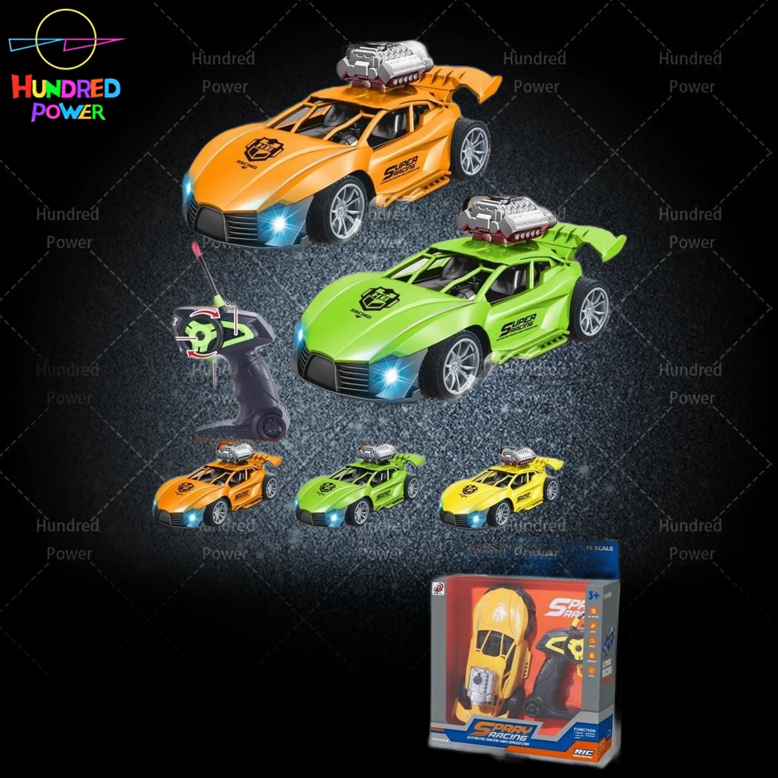 1:18 Bugatti Remote Control Spray Light RC Car (5-Channel) with Battery and USB, Orange/Yellow/Green