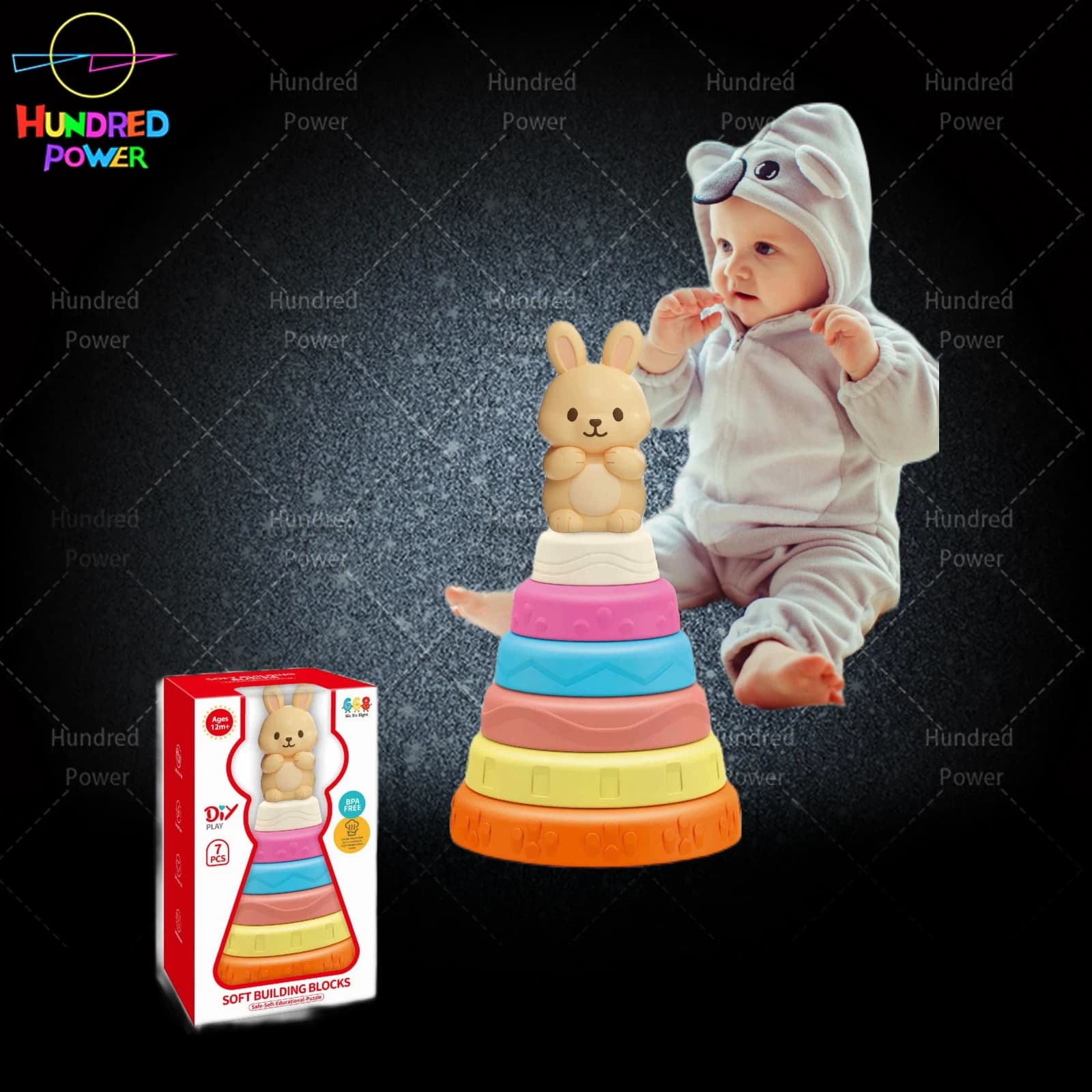 Stacking Toy (with one rabbit figure), eco-friendly TPR soft rubber, high-temperature sterilizable, 7pcs