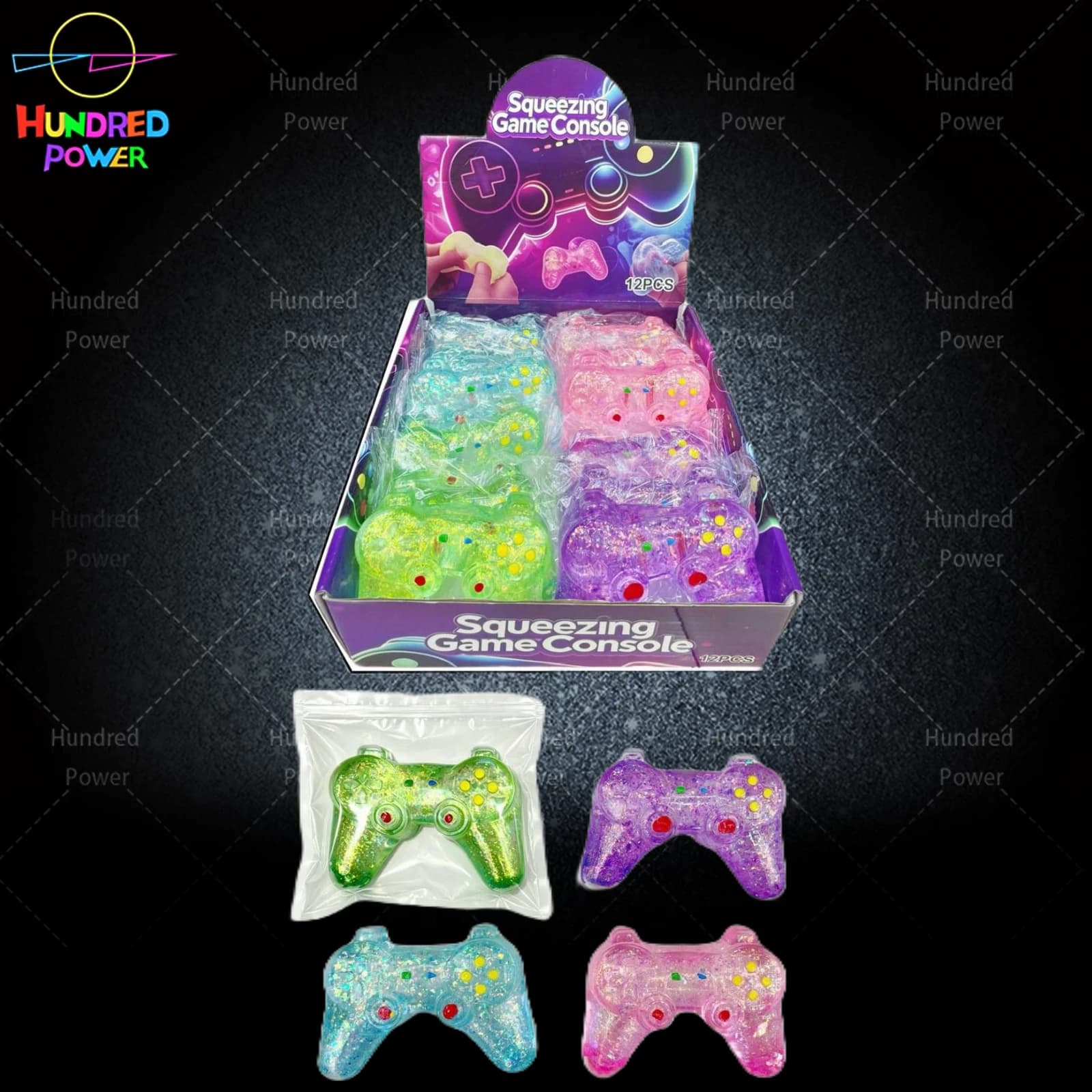 Colourful game-controller-shaped squeeze toys