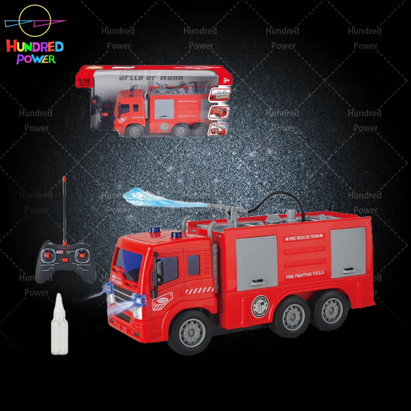 Five-way remote control water cannon fire truck (with lights, press-to-spray water, five doors manually openable)