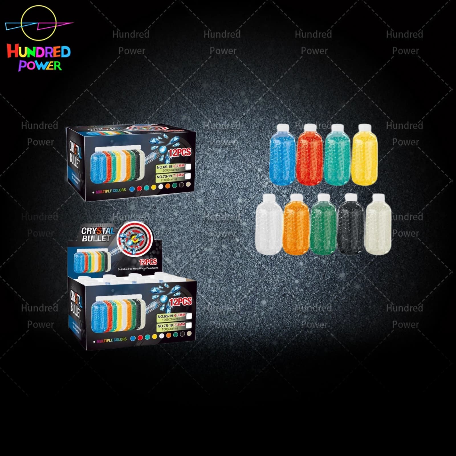 Large round bottle 7-8mm water gel beads (1 display box of 12 bottles / approx. 700 beads per bottle)