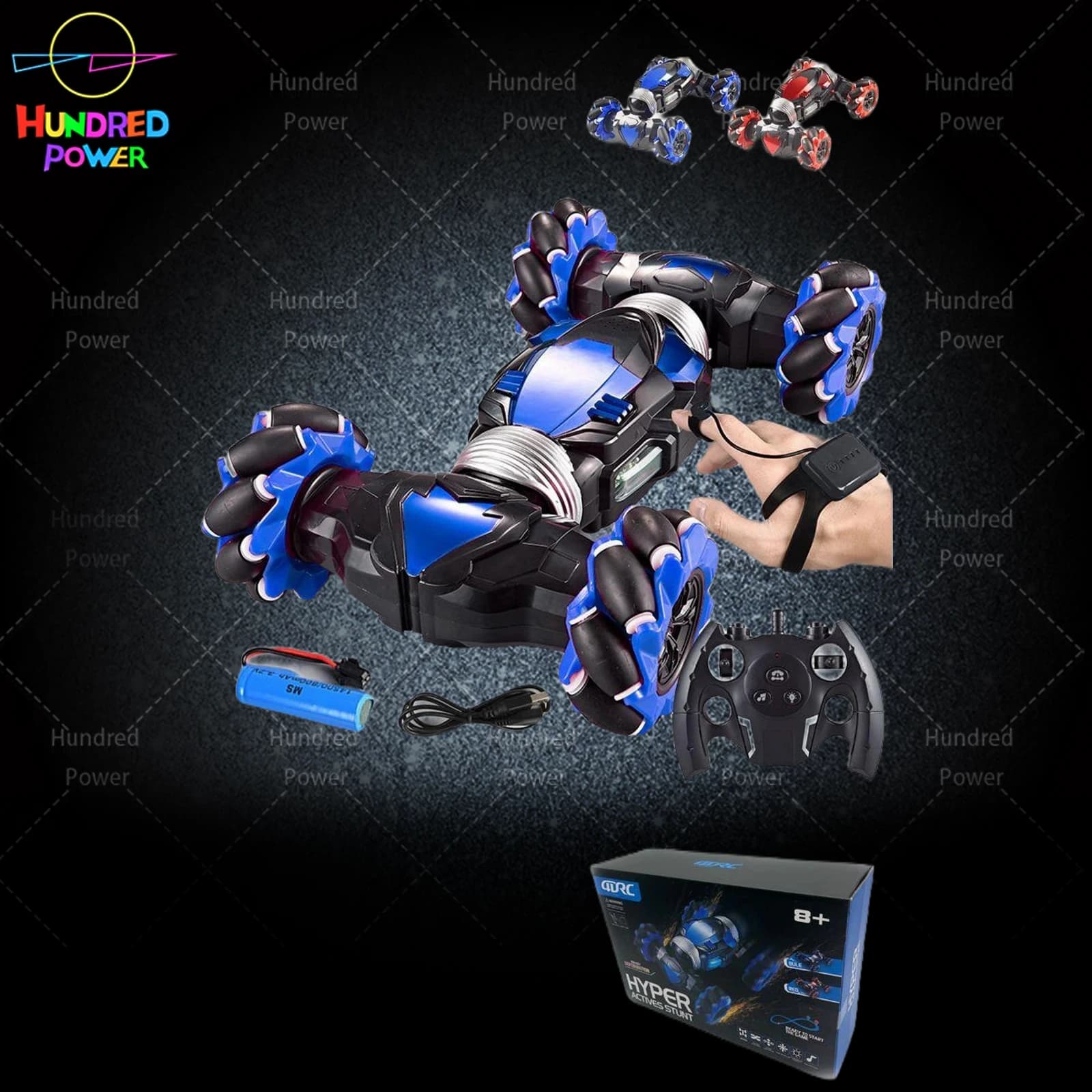 Dual Remote Control 1:16 9-Channel 4WD Stunt Twist-Transform RC Car (Light-Up Wheels, Dynamic Music) Blue/Red