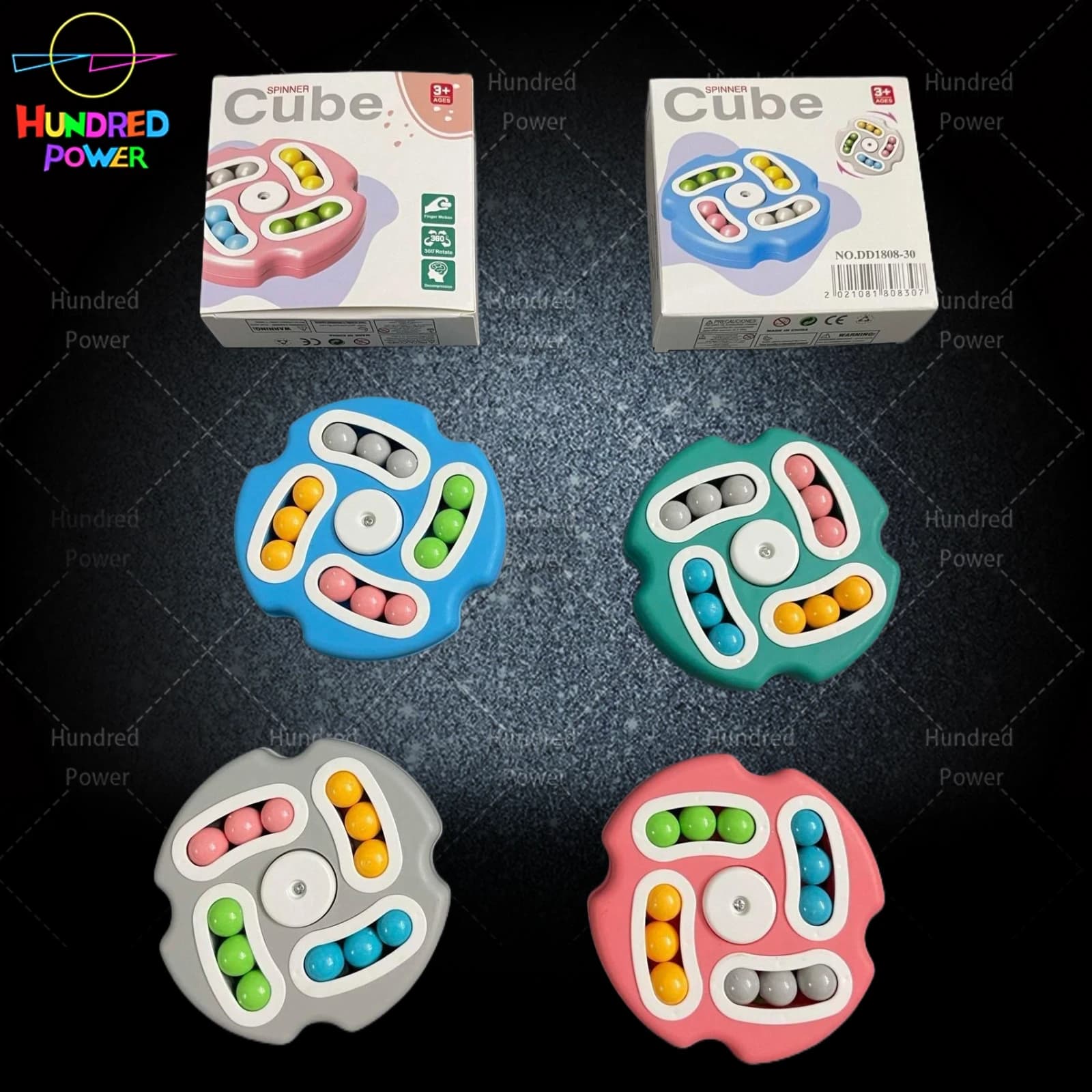 Double-sided rotating bead cube spinner in blue, pink, grey and lake cyan