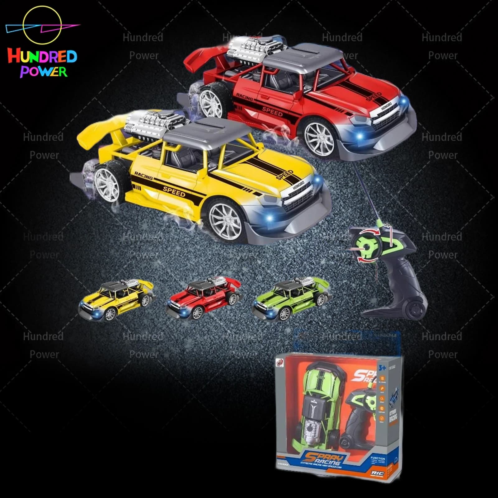 1:18 RC Pickup Truck with Spray and Lights (5-Channel), Battery and USB Included, Red/Yellow/Green