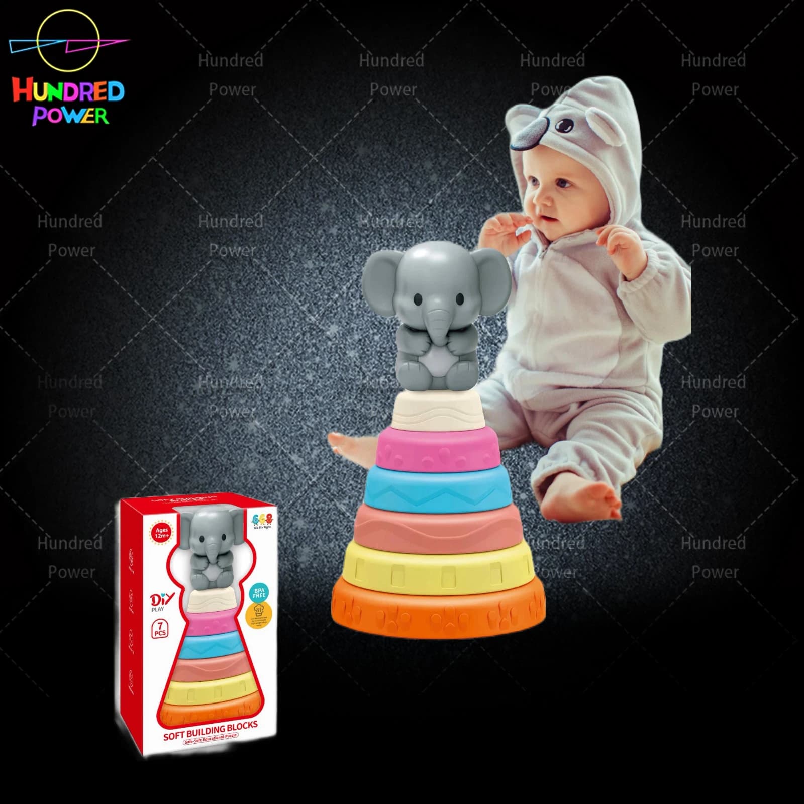 Stacking Toy (with one elephant figure), eco-friendly TPR soft rubber, high-temperature sterilizable, 7pcs